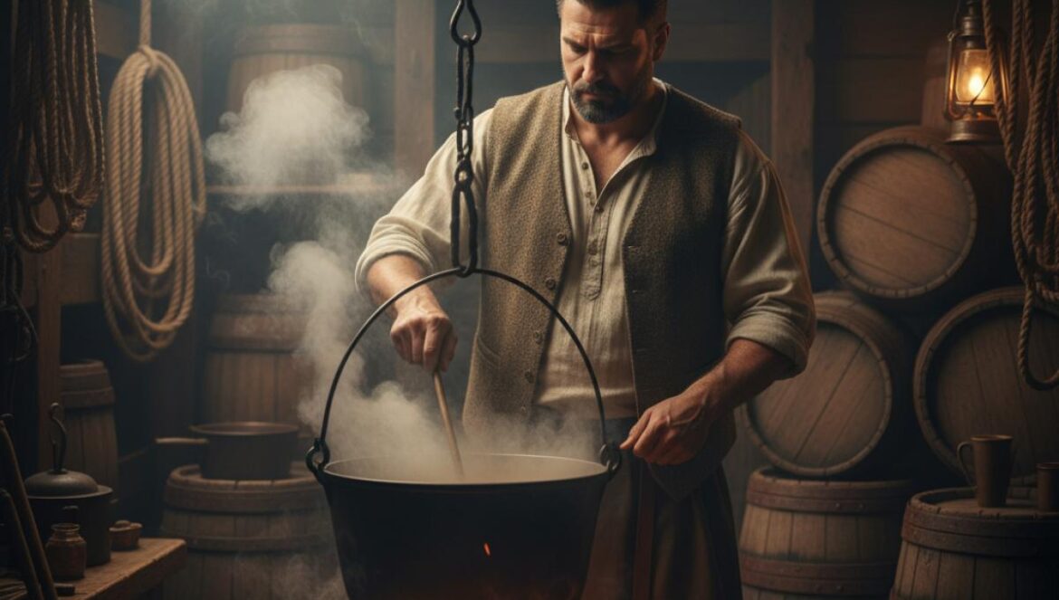 Se busca cocinero para barco histórico: viaje País Vasco–Canadá con menú de 1565 (sí, sin duchas) Cocinero de época en la bodega de un barco, removiendo una olla sobre fuego de leña entre barriles y sogas.