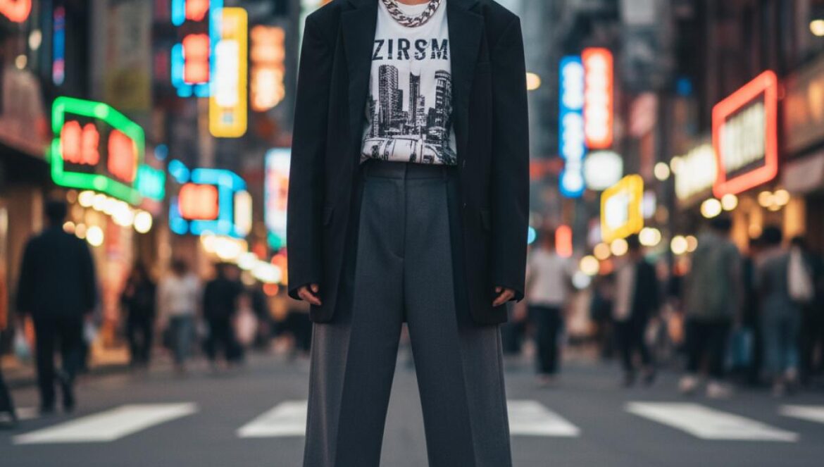 Seoul street style reescribe la moda: así el K‑pop convierte a Seúl en la quinta capital que manda en colores, capas y proporciones Joven asiática con blazer oversize, pantalón ancho y zapatillas chunky en una calle urbana con neones.