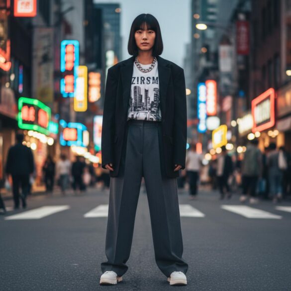 Joven asiática con blazer oversize, pantalón ancho y zapatillas chunky en una calle urbana con neones.