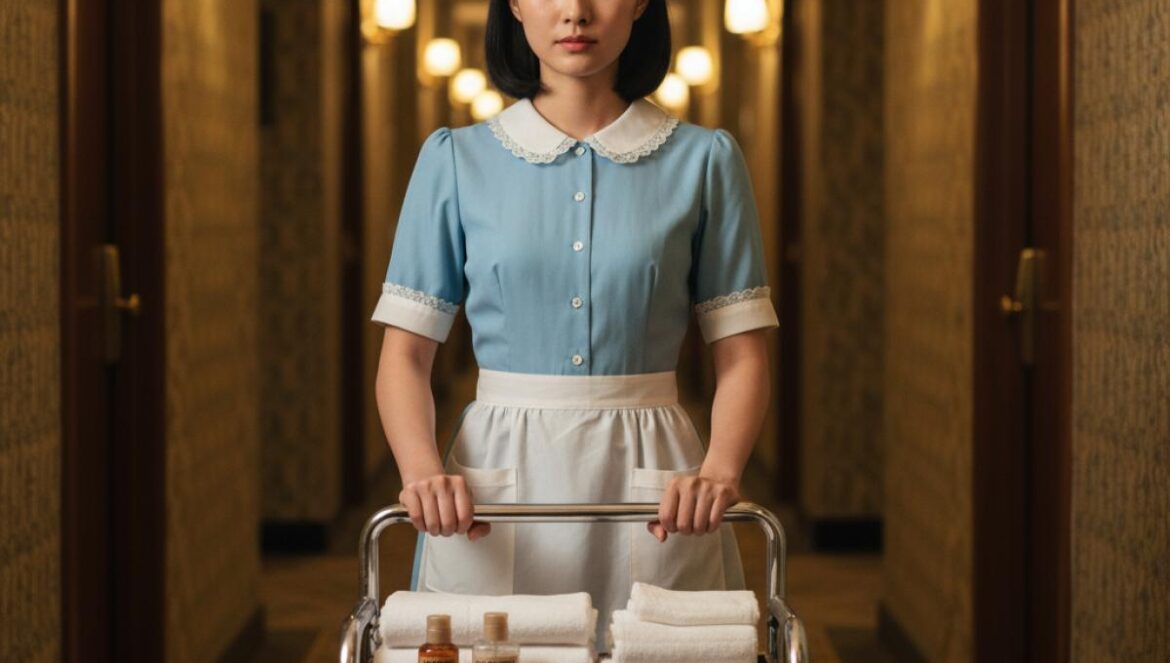 Shin Ye Eun en A Hundred Memories: de limpiadora a heredera chaebol, el giro que enciende el K‑drama retro Joven asiática con uniforme retro de hotel empuja un carro de limpieza en un pasillo ochentero iluminado en cálido.