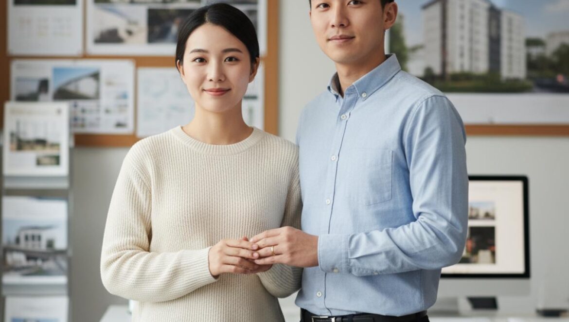 Pareja joven asiática, anillos visibles, en una inmobiliaria fingiendo ser recién casados.