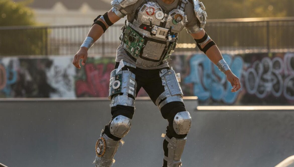 Skate cobra 35 $ por skin de Dead Space: la comparativa que enfurece y el dato que lo cambia todo Skater con armadura casera estilo sci‑fi en un skatepark urbano, truco en rampa.