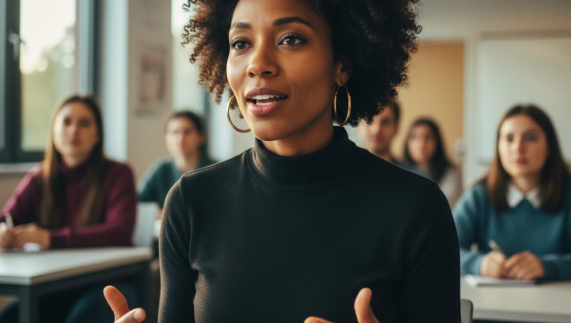 Solange Knowles llega a USC: así cambiará la curaduría musical desde dentro de la universidad Profesora frente a un aula moderna explicando curaduría musical, con estudiantes atentos alrededor.