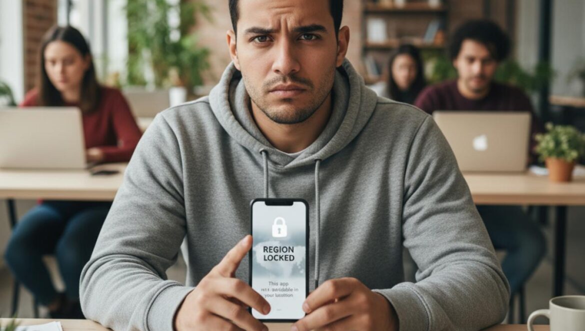 Sora 2 fuera de EE. UU.: ¿vale la pena intentar “desbloquearlo”? Guía realista, riesgos y alternativas top Creador latino en un coworking revisa en su móvil una app bloqueada por región, con laptop abierta y ambiente creativo.