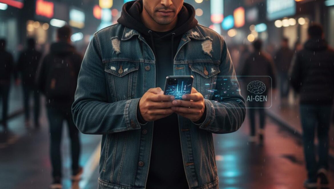 Sora de OpenAI enciende las redes: diversión, riesgos y lo que aprendí probando sus deepfakes Joven mirando en su móvil un video hiperrealista con marca de agua tenue en una calle urbana nocturna.