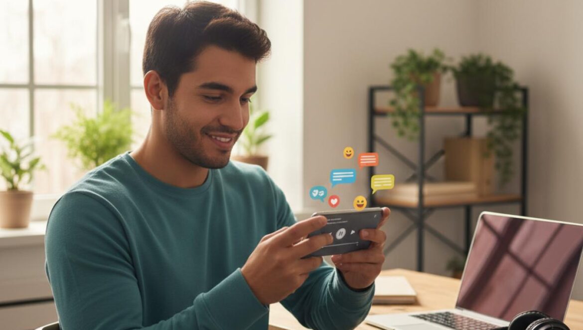 Spotify y ChatGPT se alían: listas perfectas, dudas calientes y el truco que cambia cómo descubres música Joven mirando su móvil con una app de música y burbujas de chat, en un escritorio moderno con audífonos y laptop.