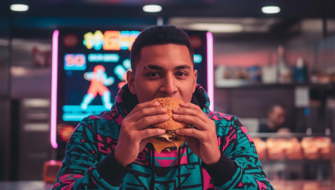 Street Fighter llega a McDonald’s Japón: así son las Street Burgers y los trajes ketchup-mostaza que rompen redes Jugador joven con una hamburguesa frente a un neón estilo arcade, ambiente de fast food.
