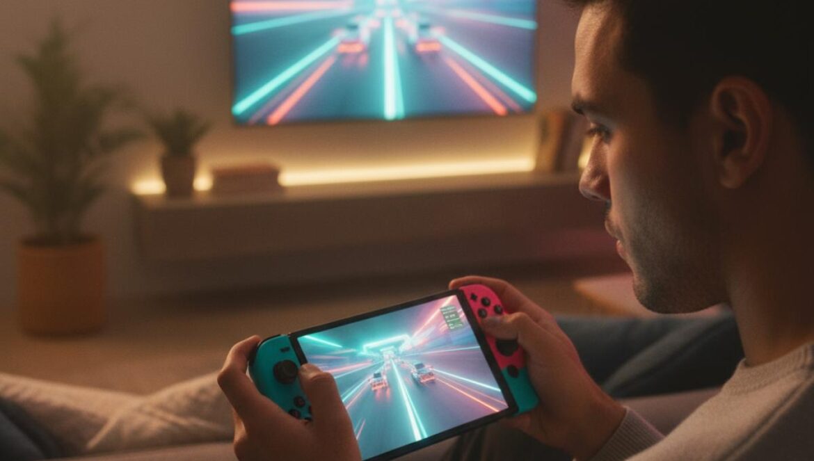 Switch 2: los mejores juegos ahora mismo (18 imprescindibles) y mis picks para estrenar la consola Joven jugando en una consola portátil con mandos acoplados, en un salón con luz LED nocturna, concentrado en una carrera futurista en pantalla.