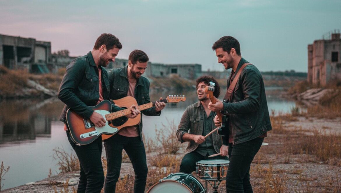 TAGABOW rompe su shoegaze en LOTTO: guitarras frontales, verdad incómoda y un ritual de directo que te desarma Banda indie tocando en círculo al atardecer junto a un río, guitarras al frente y ambiente industrial urbano.