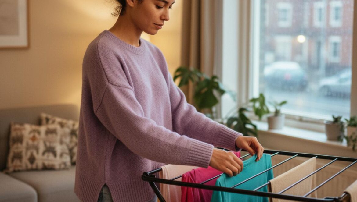Tendedero plegable de Vileda vuelve a Lidl con rebaja: el truco zen para secar en casa sin drama de humedad Mujer tiende ropa en un tendedero plegable negro junto a una ventana con lluvia al exterior.