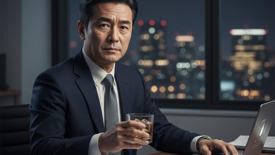 Hombre coreano de mediana edad en oficina nocturna, traje oscuro, copa pequeña y papeles, con luces urbanas al fondo.