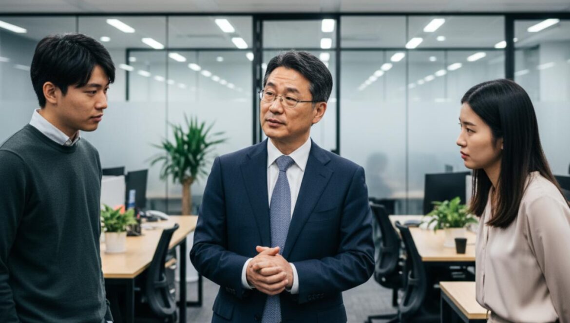 Ejecutivo coreano de mediana edad aconseja a dos jóvenes en una oficina luminosa.