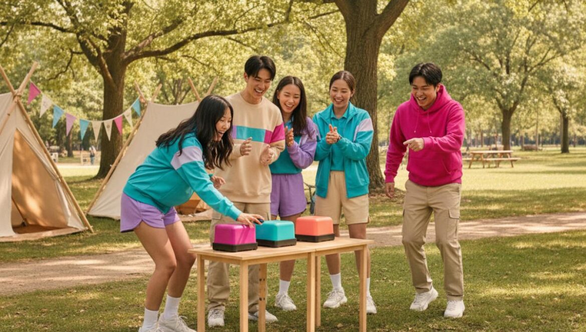 The Game Caterers x JYP: así será el ‘scout’ más caótico del año, fechas, horarios y qué juegos esperar Grupo de jóvenes asiáticos jugando en un campamento, con tarjetas y pulsadores sobre una mesa, en un parque soleado.