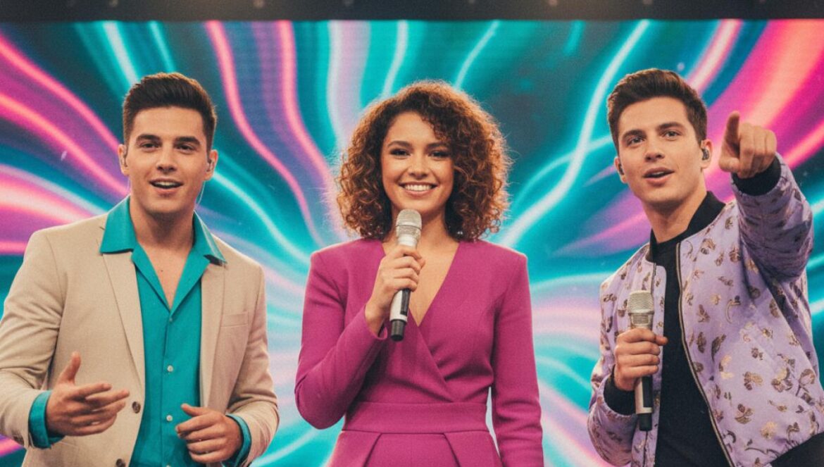 Tres presentadores jóvenes en un escenario de programa musical coreano, micrófonos en mano y pantallas LED al fondo.