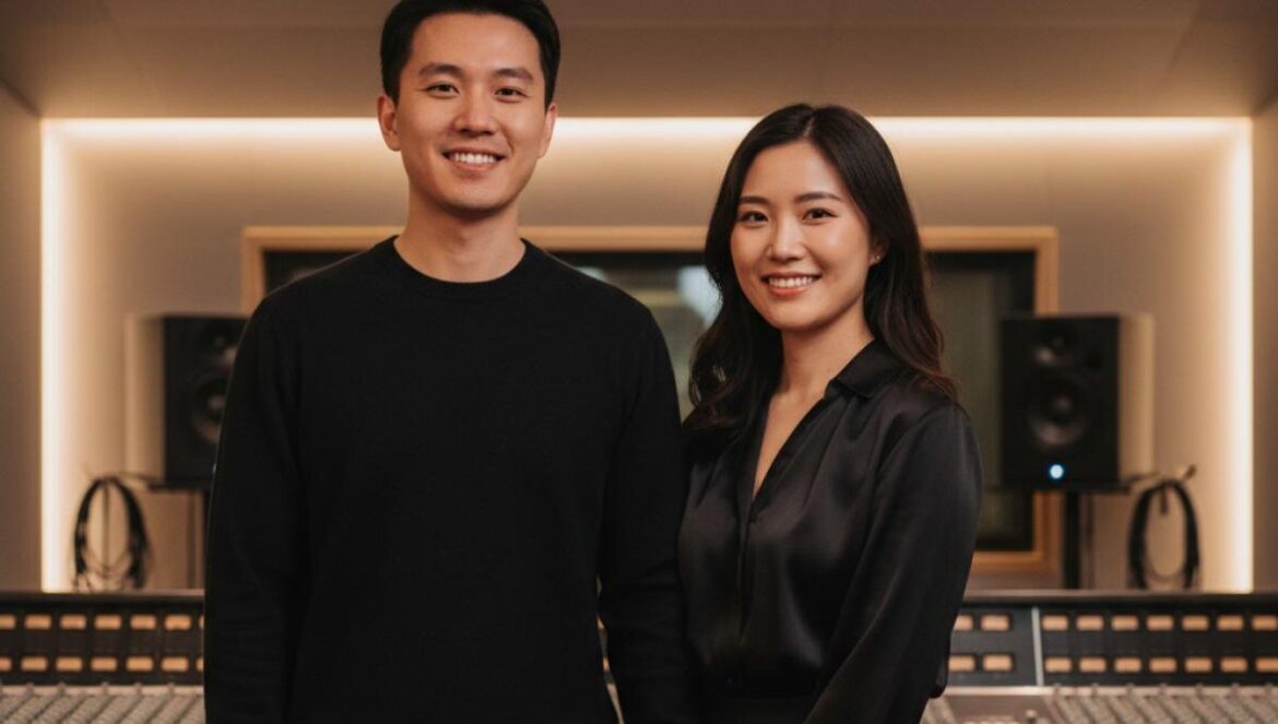THEBLACKLABEL: la boda de Kush y Vivian (VVN) y cómo este power couple mueve el K-pop desde la sombra del estudio Pareja asiática de productores en un estudio, de medio cuerpo, tomados de la mano frente a una mesa de mezclas.