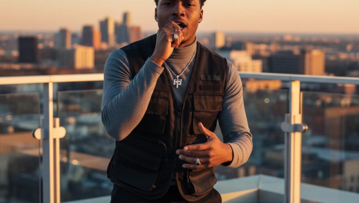 Thirteendegrees reescribe el lujo del rap: BLACK FRIDAYZ suena a ático, Chicago y desahogo emocional Rapper joven en una azotea al atardecer, micrófono en mano y skyline urbano difuminado.