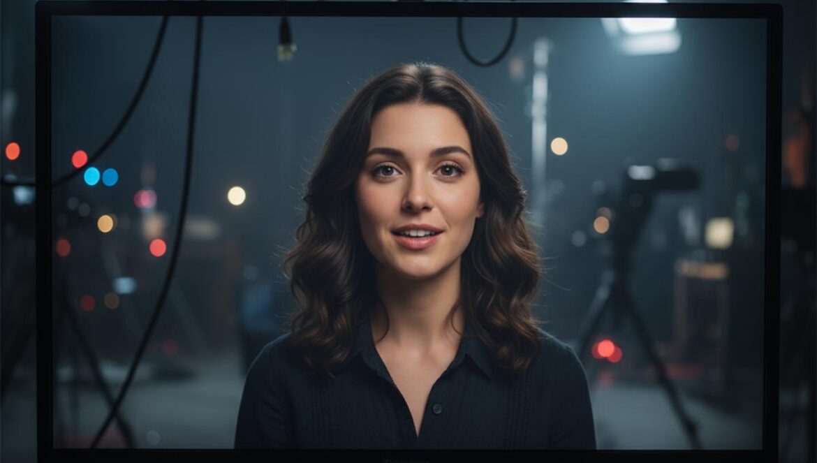 Tilly Norwood y el actor IA que quiere Hollywood: lo que nadie te dice del plan para normalizarlo Avatar femenino en una pantalla de estudio, hablando a cámara con luces desenfocadas detrás.