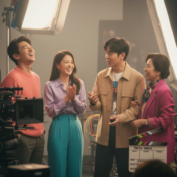 Elenco asiático en un set de rodaje, riendo entre tomas, con luces de estudio y una claqueta desenfocada al fondo.