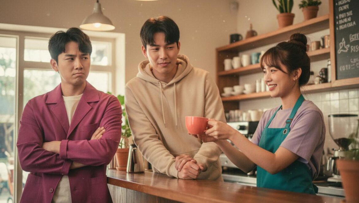 To the Moon: el cameo de Zhang Hao en el final no es fanservice, es la jugada que cruza K-pop y K-drama Barista joven en un café frente a dos hombres; uno sonríe, el otro observa con celos discretos entre tazas y estanterías.