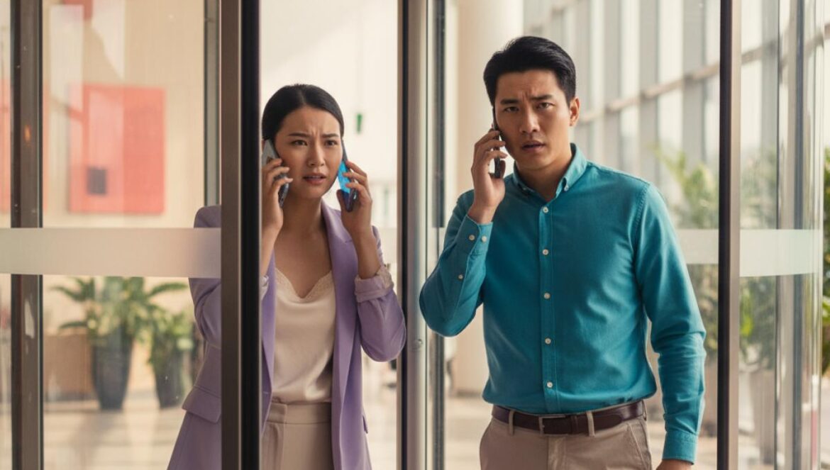 To the Moon sacude su romance de oficina: episodio 9 explota con galletas, colapso inesperado y una puerta giratoria Dos empleados asiáticos hablan por móvil atrapados en una puerta giratoria en un lobby corporativo.