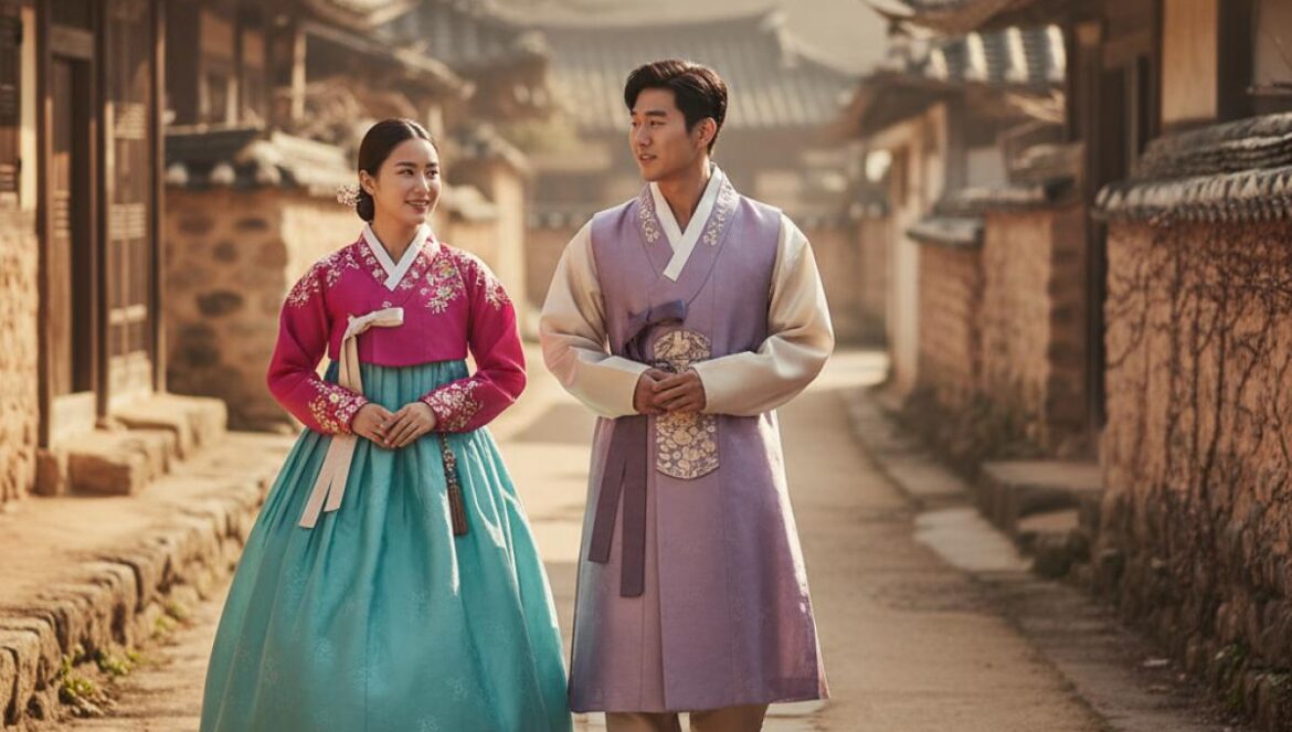 Turismo local en Corea: lo que los extranjeros buscan más allá de Seúl en 2025 y cómo vivirlo de verdad Dos jóvenes con hanbok caminan por una aldea rural coreana, entre casas de madera y muros de piedra.