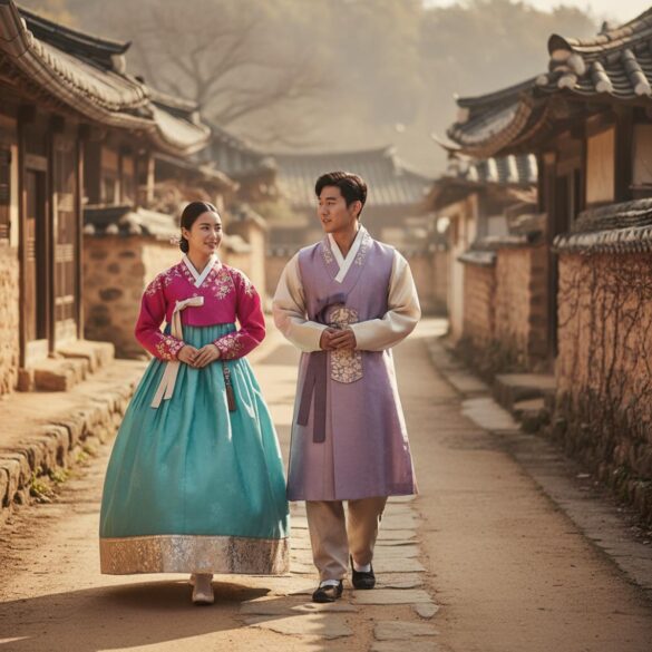 Turismo local en Corea: lo que los extranjeros buscan más allá de Seúl en 2025 y cómo vivirlo de verdad Dos jóvenes con hanbok caminan por una aldea rural coreana, entre casas de madera y muros de piedra.