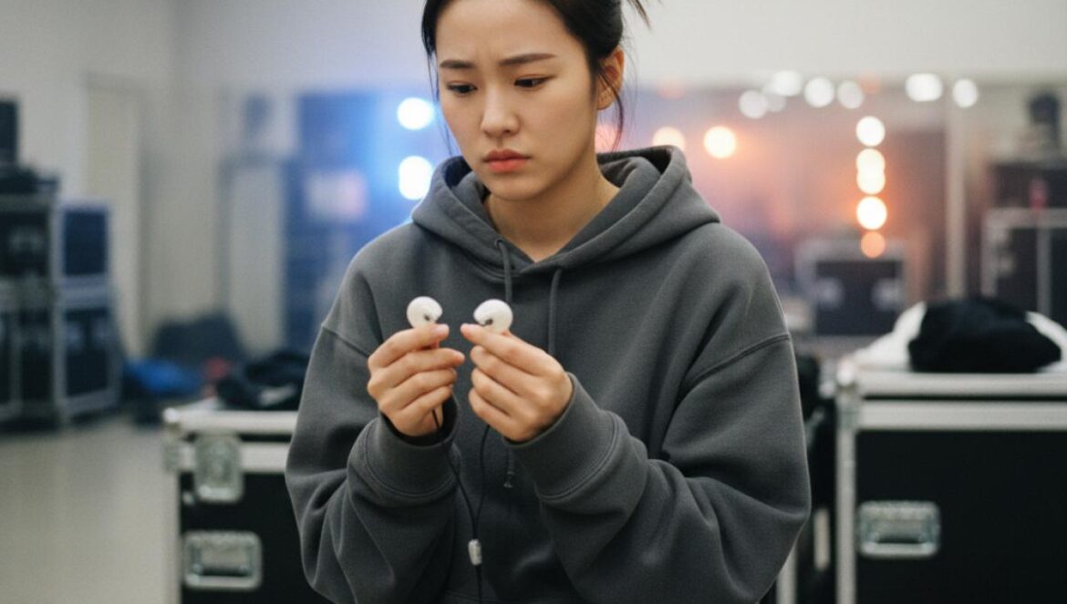 Cantante de K-pop sentada entre bastidores, con in-ears en la mano y gesto sereno, luces de escenario al fondo.
