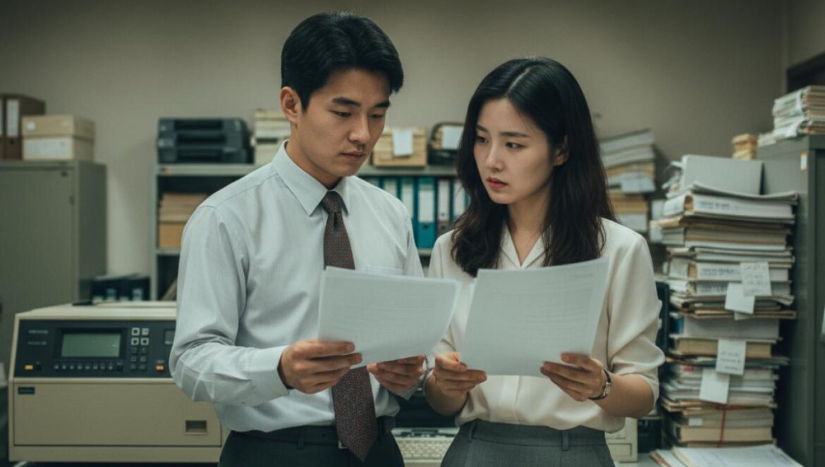 Typhoon Family reescribe 1997: amor, empresa y supervivencia en la crisis que marcó Corea (y te sonará en 2025) Pareja joven en una oficina noventera, rodeada de facturas, un telex y carpetas, concentrados en salvar su empresa.