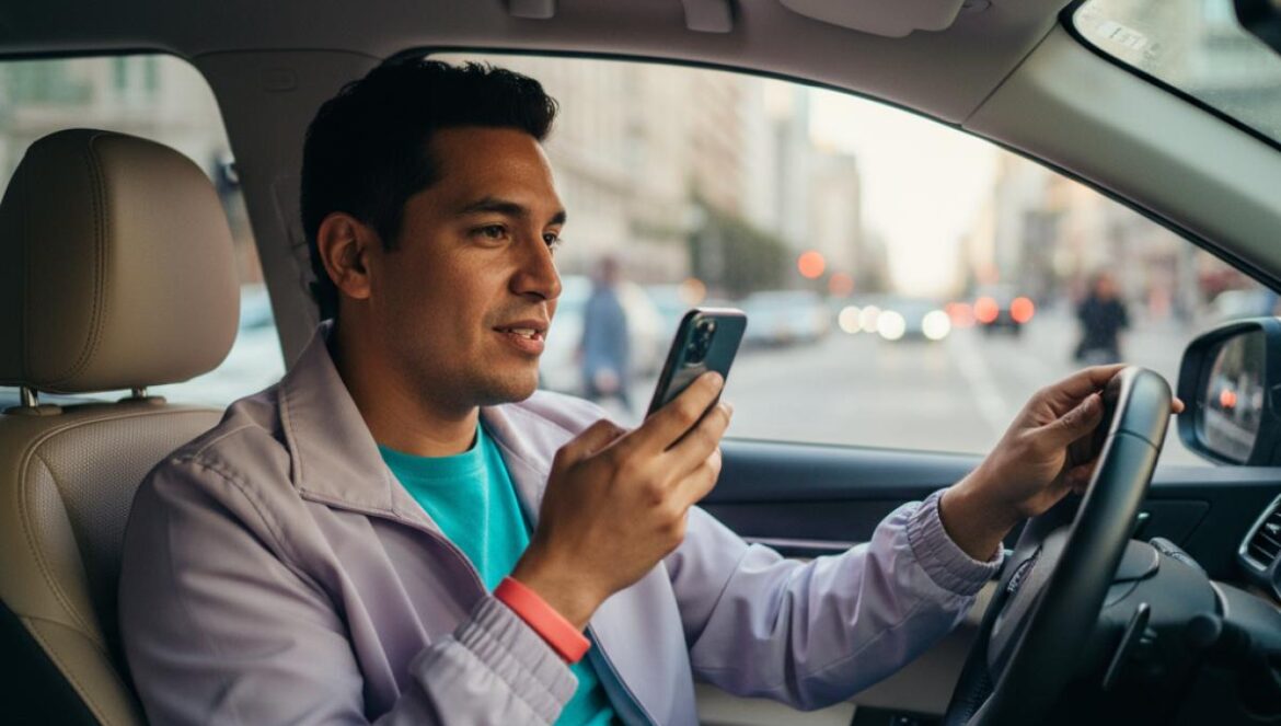 Uber convierte su app en campo de entrenamiento de IA: ¿oportunidad justa o gig 2.0 disfrazado? Conductor latino graba una muestra de voz en su móvil dentro del carro, listo para microtareas de IA.