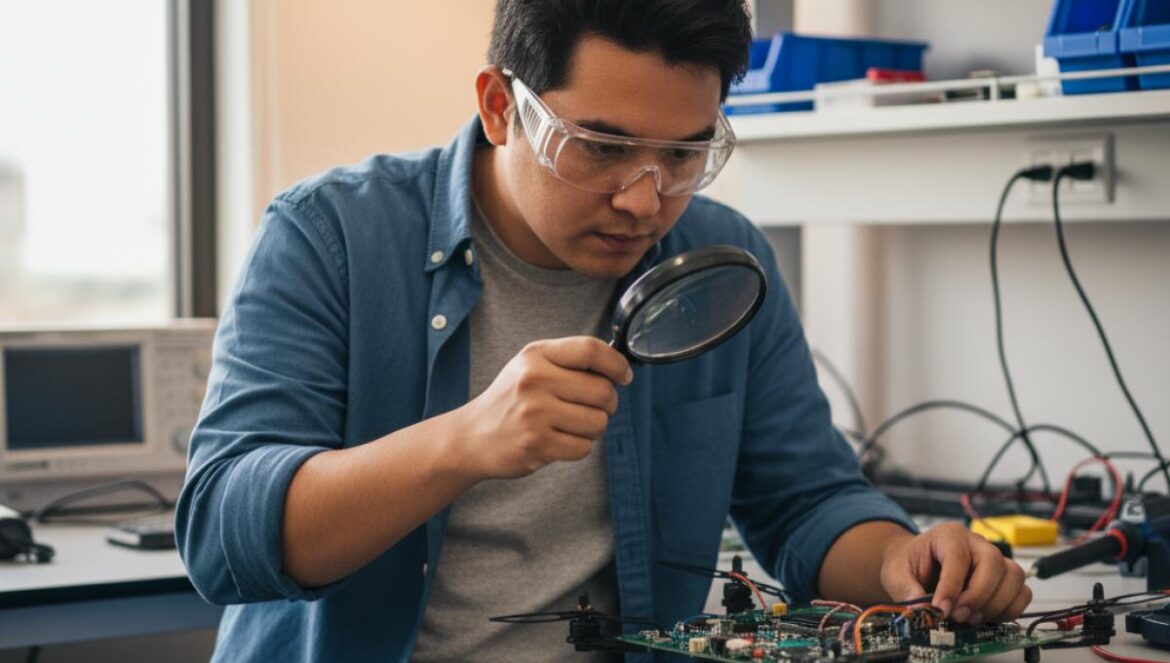 Ucrania abre drones y misiles rusos: 100.000 piezas extranjeras en un solo ataque y un dilema global Ingeniero revisa la placa de un dron desmontado en un laboratorio electrónico.
