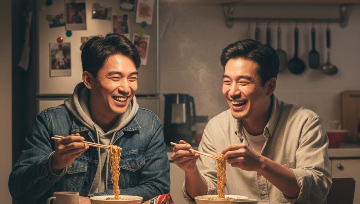 V de BTS y Park Seo Joon: la roommate story de 2 meses que encendió la Wooga Fam y lo que dice de la fama K Dos amigos coreanos comparten ramen nocturno en una cocina acogedora, riéndose con complicidad.