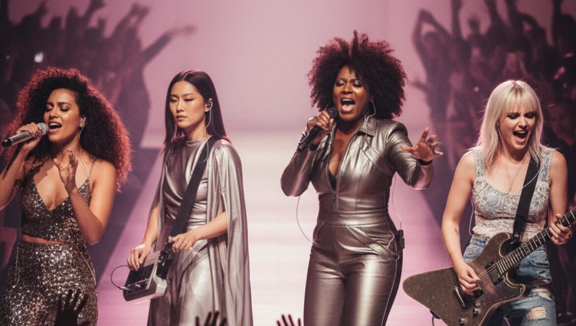 Victoria’s Secret Fashion Show 2025: TWICE, KAROL G y Missy Elliott encienden un regreso 100% femenino Cuatro artistas femeninas cantan juntas en una pasarela iluminada de rosa, con público al fondo.