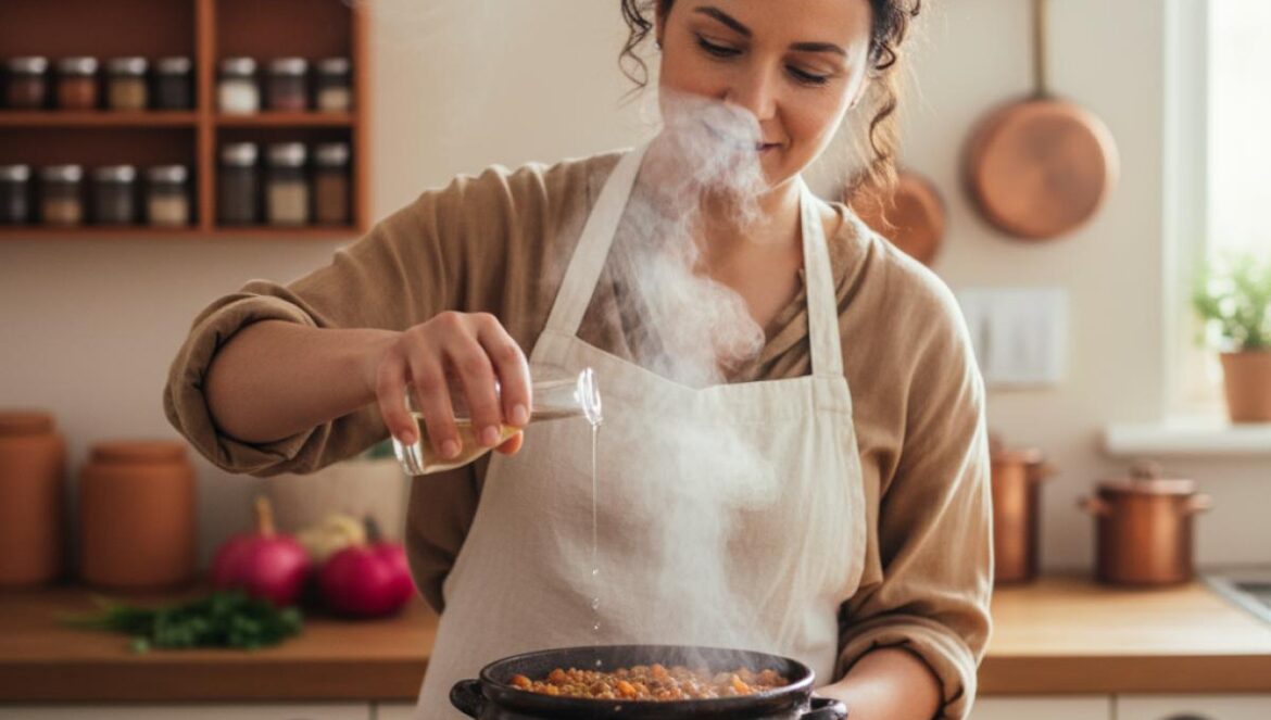 Vinagre en lentejas y naranja con garbanzos: el truco andaluz que dispara la absorción de hierro Guiso de lentejas siendo aliñado con vinagre junto a naranjas y limón en una cocina acogedora.