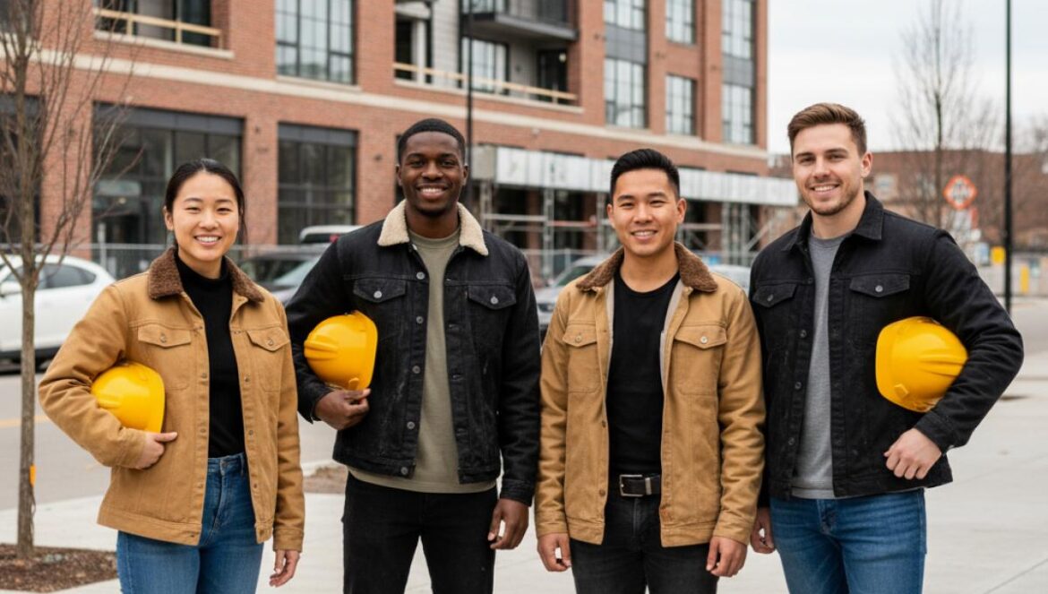 Vivienda para empleados en Europa: hoteles y aerolíneas levantan barrios, ¿regreso al XIX o jugada maestra? Grupo de trabajadores jóvenes frente a viviendas nuevas de empresa en un barrio urbano.