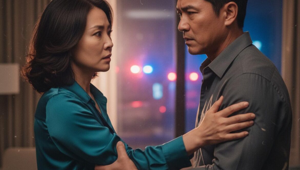 Walking on Thin Ice: el final explosivo pone a Lee Young Ae contra las cuerdas y redefine el thriller K Mujer asiática de mediana edad retenida por un hombre en un cuarto oscuro, miradas tensas.