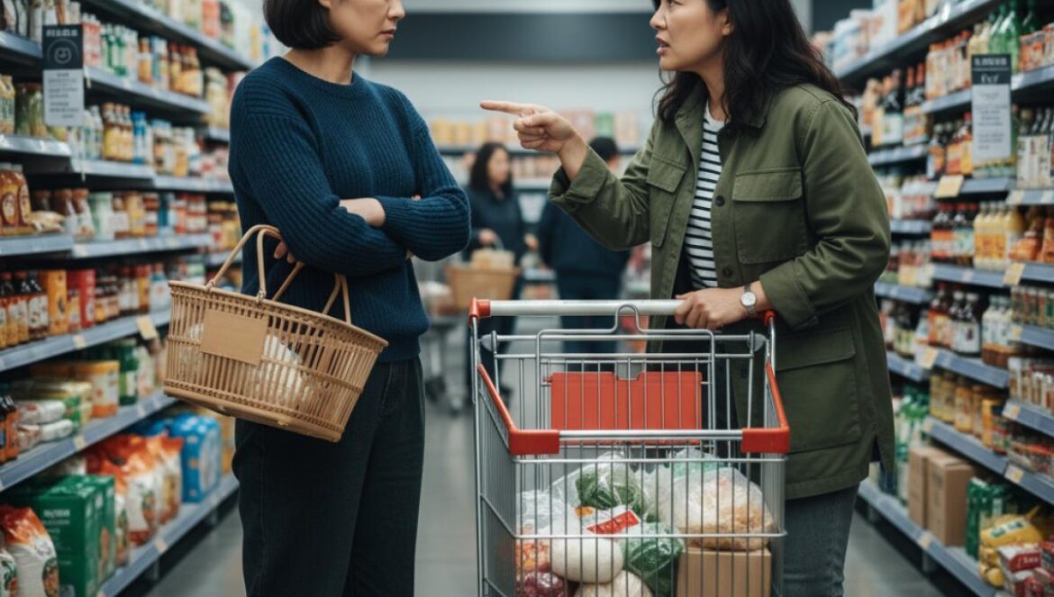 Walking on Thin Ice: Lee Young Ae calcula y Park Yong Woo huele traición — el episodio que enciende X Dos mujeres coreanas se enfrentan en un pasillo de supermercado, miradas tensas y ambiente luminoso.