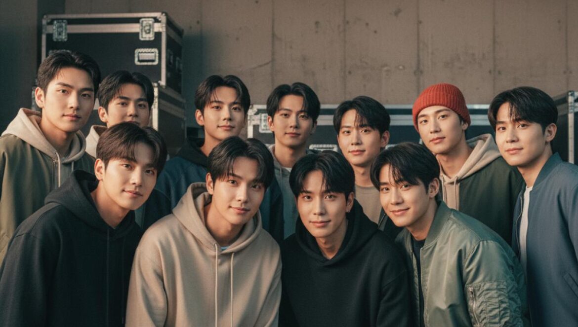 Wanna One: ¿reunión en 2027? Calendario real, obstáculos, qué hacen hoy sus 11 miembros y cómo podrían volver Once jóvenes coreanos, retrato de pecho en backstage con luz suave y streetwear neutro, evocando una reunión.
