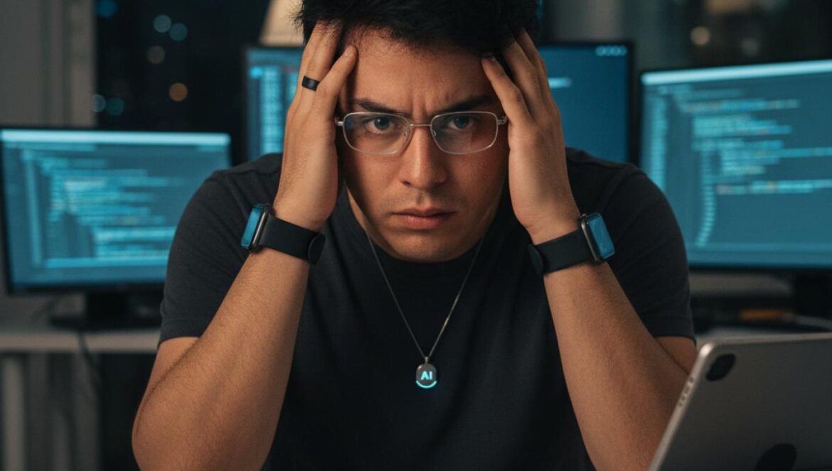 Wearables y IA: ¿camino al infierno del multi‑dispositivo? Lo que nadie te contó del “todo encima” Hombre joven con dos relojes, anillo inteligente, gafas y colgante AI, mirando abrumado en su escritorio nocturno.