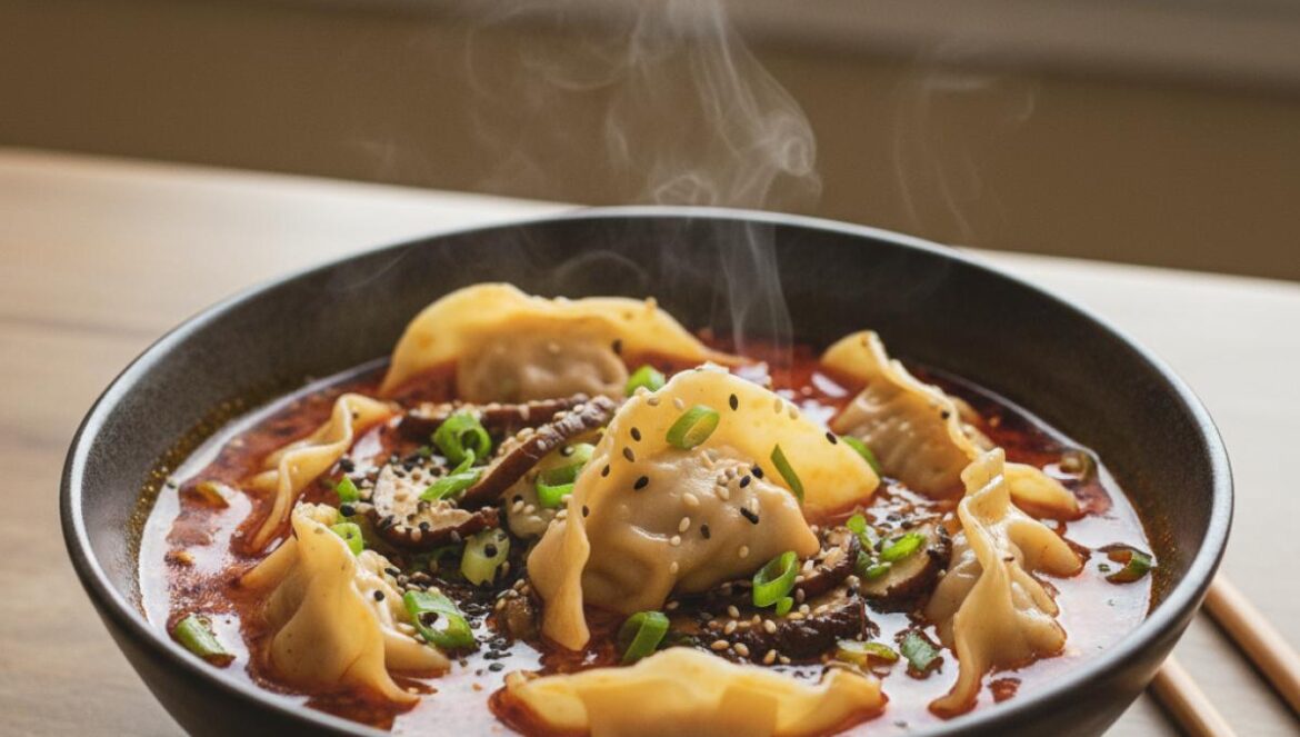 ¿Wontons de pollo en salsa picante? Desde Cádiz te enseño el truco exprés que está reventando Reels Bol de wontons de pollo en caldo picante con shiitake, cebollino y sésamo, humeante y apetecible.