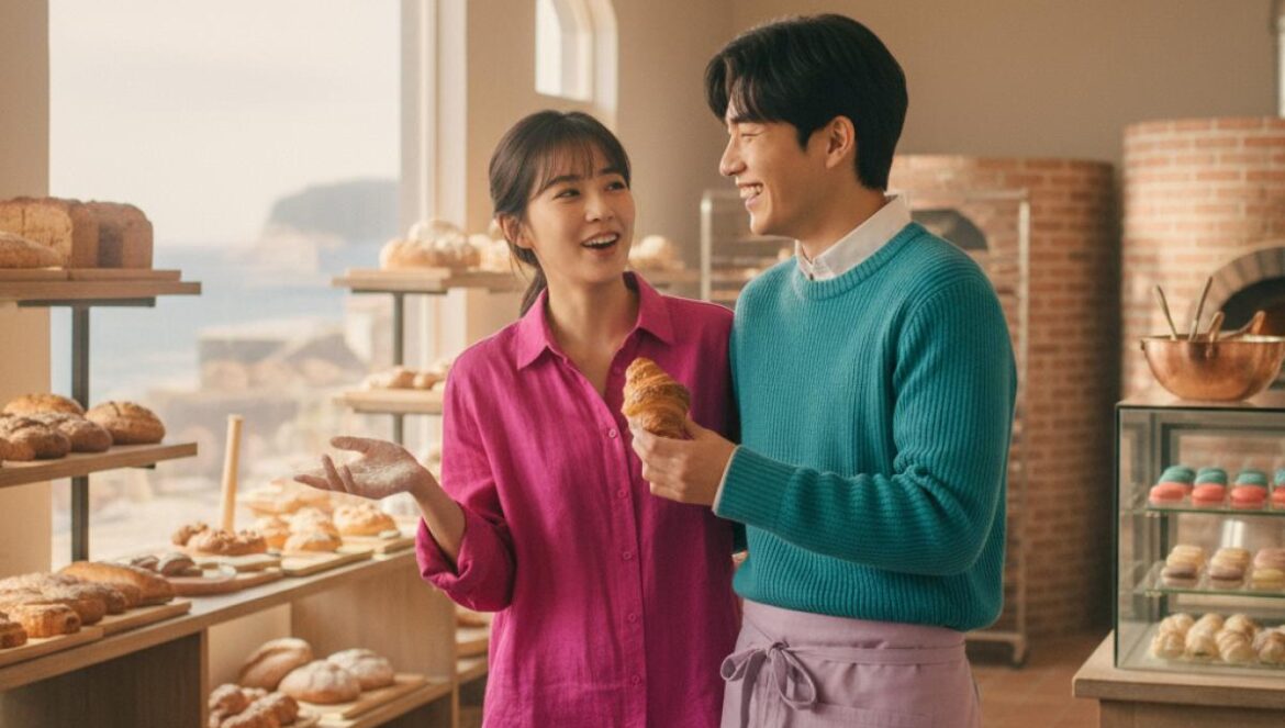Would You Marry Me? sorprende en Disney+: humor inteligente, química real y localizaciones de ensueño — la guía que querrás guardar Pareja joven en una panadería luminosa junto al mar, sonriendo con química.