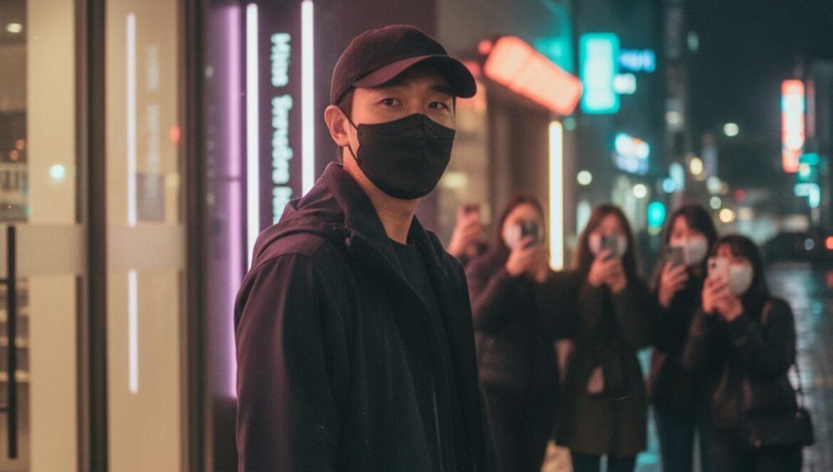 Yoo Yeon Seok: su agencia anuncia acciones legales por violaciones de privacidad — lo que revela del fandom hoy Actor asiático con gorra y mascarilla en la entrada de un edificio, seguido por fans con móviles.