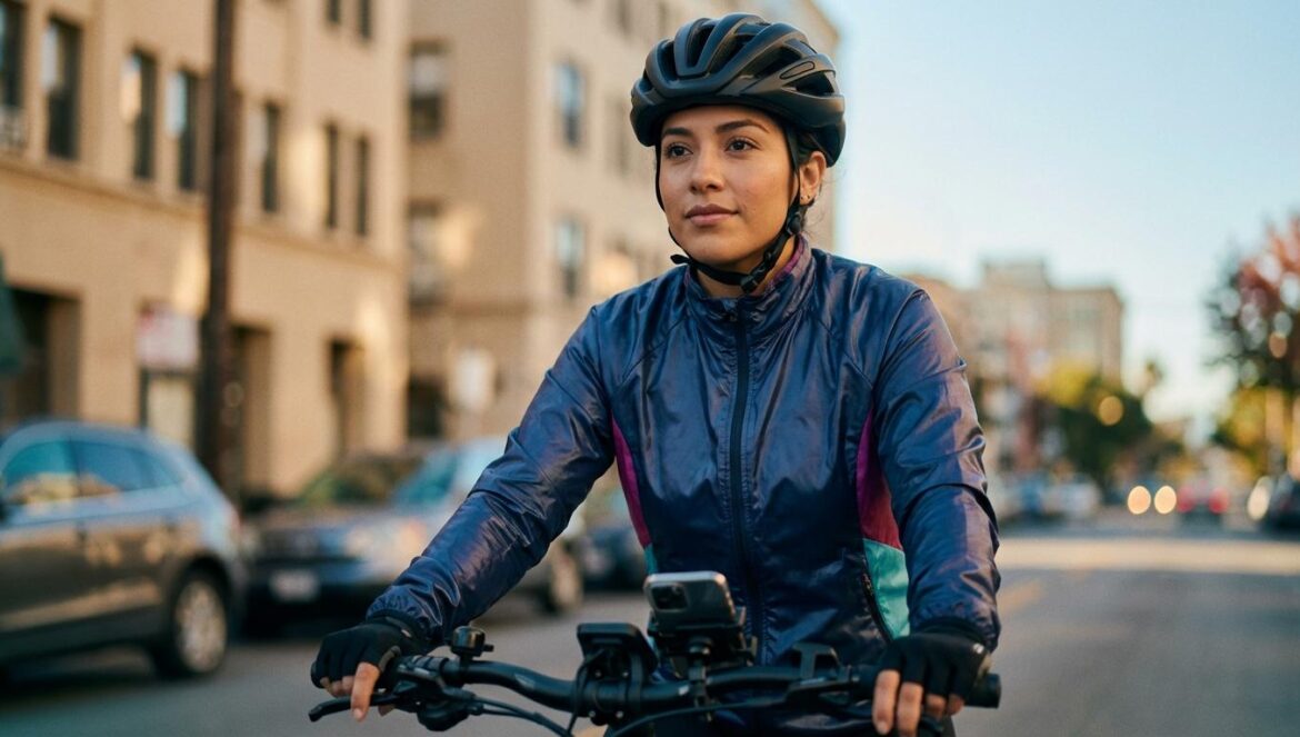 Accesorios para bicicleta eléctrica: el verdadero coste oculto de tu e‑bike Ciclista urbana en bicicleta eléctrica con casco y chaleco reflectante en una calle de ciudad.