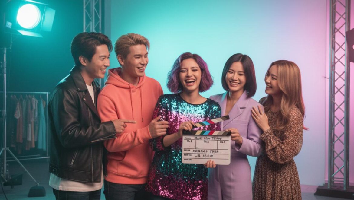 Actores de K-drama 2025: la generación que se hizo viral desde los papeles secundarios Cinco jóvenes actores asiáticos posan juntos en un set moderno de rodaje de drama coreano.