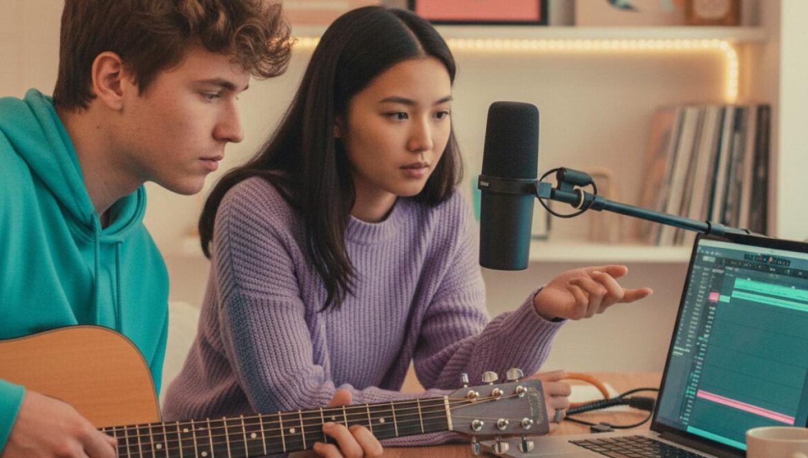 AKMU rompe con YG: separación amable, revolución silenciosa Dúo de hermanos asiáticos componiendo música en un estudio casero, con guitarra y portátil sobre una mesa.