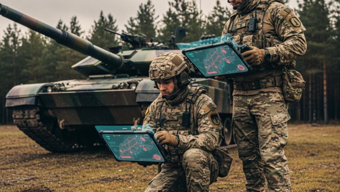Alemania despliega 12.000 drones kamikaze y Leopard 2A8: su 45ª Brigada estrena guerra definida por software Dos soldados controlan drones con tabletas junto a un tanque moderno en un campo con pinos.