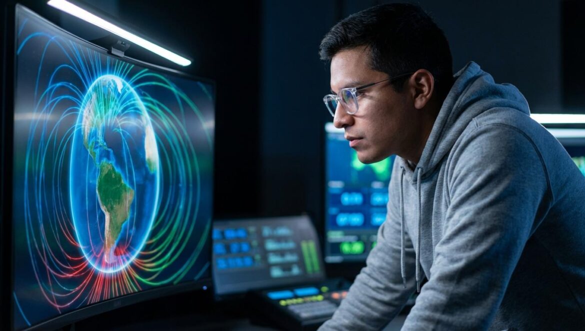 Anomalía del Atlántico Sur: el bug real que obliga a la NASA a reescribir reglas Joven ingeniero observa un mapa del campo magnético terrestre sobre Sudamérica en una pantalla de control.