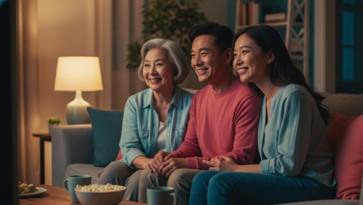 Audiencias K‑drama octubre 2025: el fin de semana manda y Typhoon Family rompe su techo con 9,1% Familia asiática de tres personas viendo un drama coreano en el salón por la noche, con luz cálida.