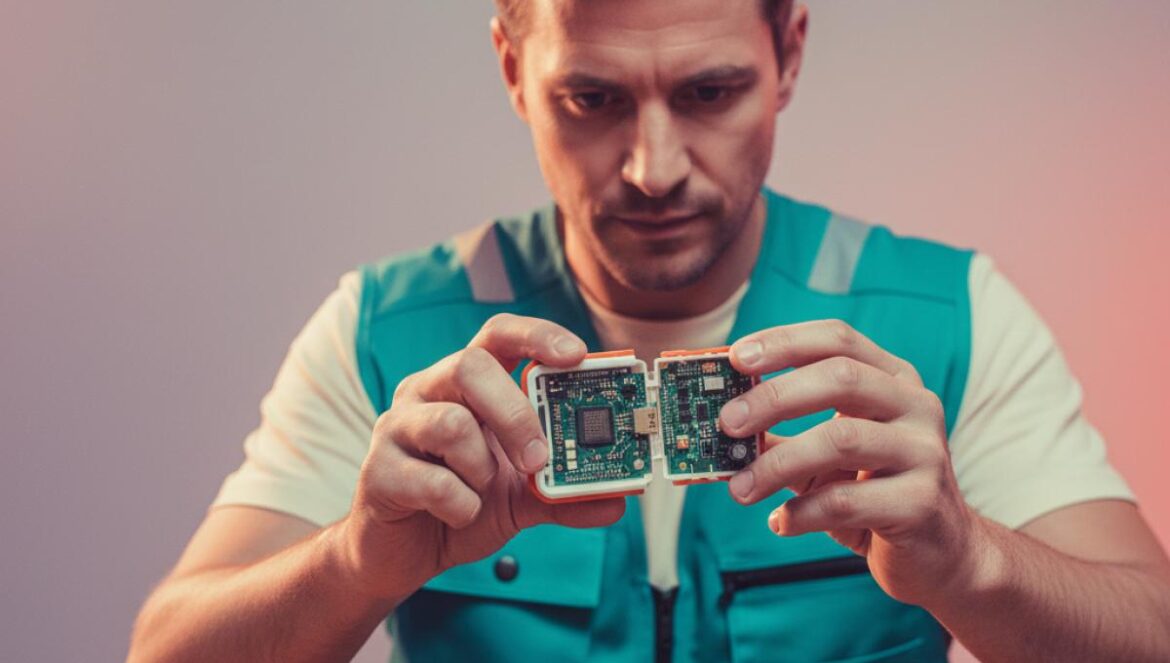 Baliza V16: probé la SIM ilimitada en mi móvil y descubrí el triple candado y la red privada que la blindan Persona abre una baliza de coche en un banco de trabajo, mostrando la placa con eSIM soldada.