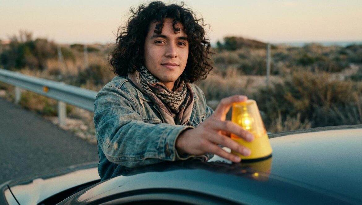 Balizas V-16: el problema no es la multa, es cómo la DGT ha contado el cambio Conductor joven sostiene una baliza V-16 encendida junto a su coche parado en el arcén.