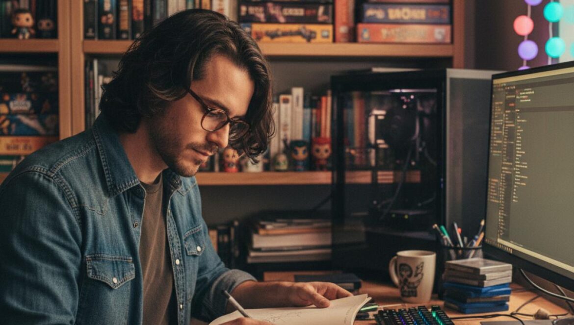 Blue Prince rompe el ciclo: éxito indie sin secuela Desarrollador indie frente a su ordenador, rodeado de bocetos y notas, trabajando en un juego en una pequeña oficina.